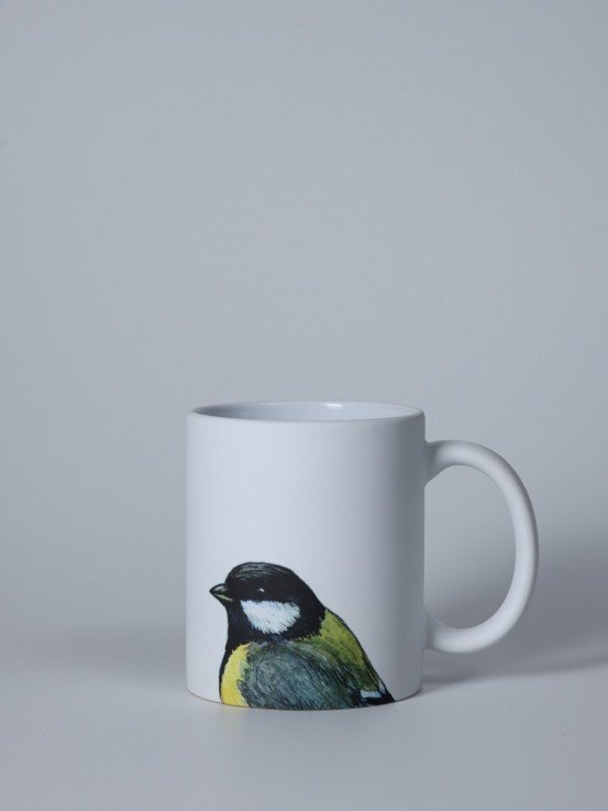Matte Ceramic Mug with Great Tit Illustration