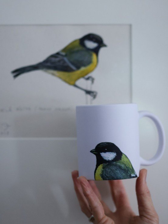 Matte Ceramic Mug with Great Tit Illustration